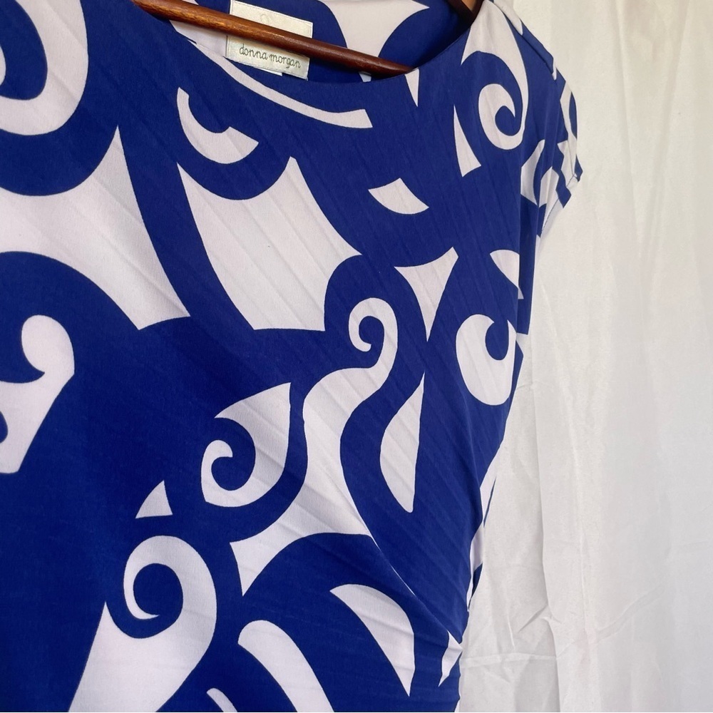 DONNA MORGAN Women’s Blue White Swirl Pencil Dress‎ Ruche Cap Sleeve Size 14 NWT - Picture 7 of 13